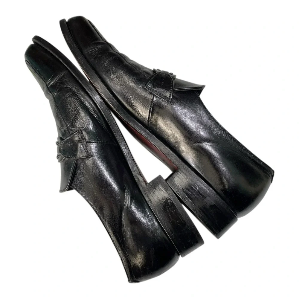 Florsheim 9.5 D Black Leather Loafers Braided Strap Apron Toe Dress Shoes 23258‎